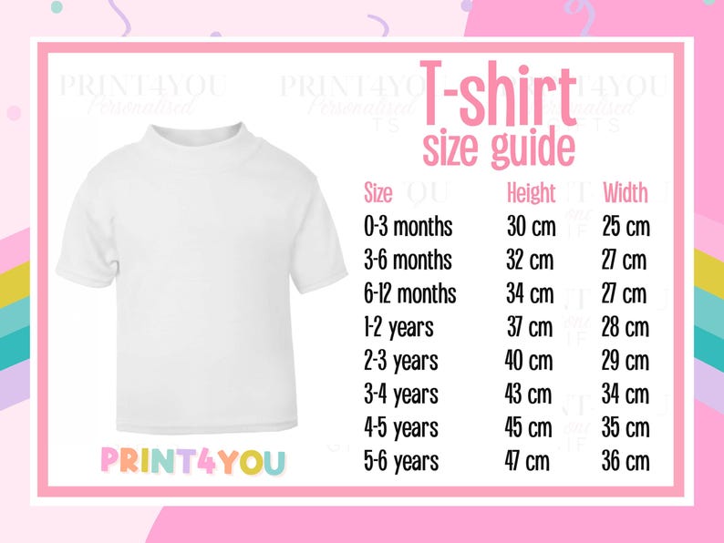 The image is a size guide for a white t-shirt, providing measurements for different age groups such as 0-3 months, 3-6 months, 6-12 months, 2-3 years, 2-4 years, 4-5 years, and 5-6 years.