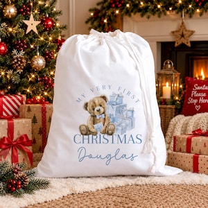 Personalised Baby's First Christmas Sack, Blue Teddy Bear & Presents Design Xmas Gift Bag, Baby Boy Santa Drawstring Sack