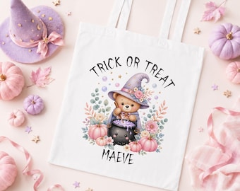 Personalised Trick or Treat Tote Bag, Witch Bear Cauldron Custom Name Bag, Kids Halloween Party Cotton Tote, Large or Mini