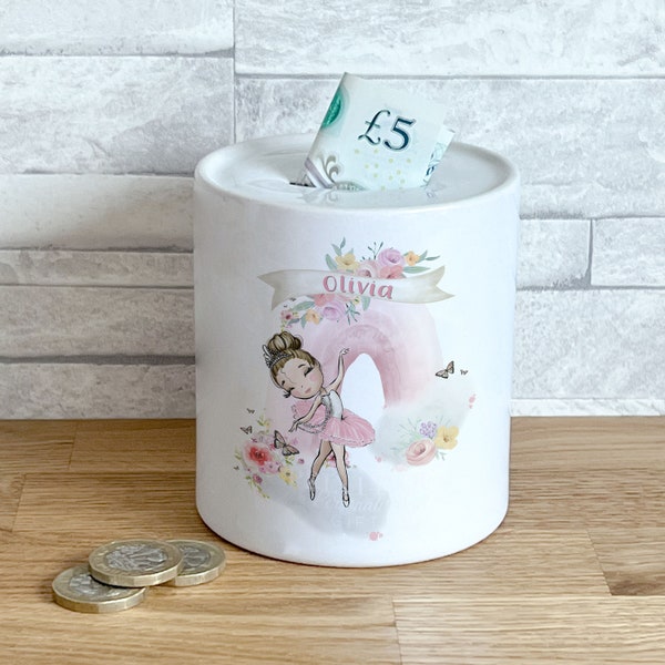 Personalised Ceramic White Money Box Coin Bank - Gorgeous Pink Rainbow with a Ballerina dancer girl