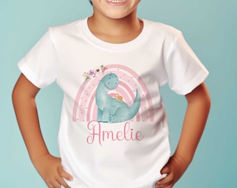 Children's White Cotton Personalised T-shirt - Pink Rainbow with dinosaur