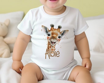 Personalised Baby sleepsuit, bib, blanket & vest, New Baby white Gift Set, Safari Giraffe Head
