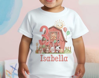 Personalised Farmyard Barn Birthday T-Shirt ANY AGE - Cotton White Top, any number any age, Fun farm animals with a pink theme