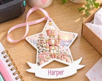 Personalised Nutcracker Christmas Bauble, Acrylic Star Tree Decoration with Name, Pink, Blue or Red, Christmas Eve Gift