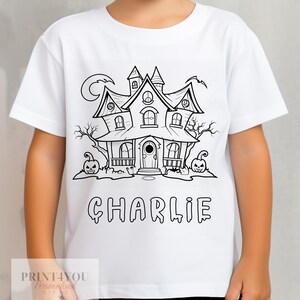 Personalised Halloween Colour In activity Kids T-shirt - with washable pens - Haunted House
