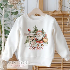 Personalised Christmas Jumper For Children.  White Cotton Sweatshirt - Santa and Reindeer, Xmas Jumper Day
