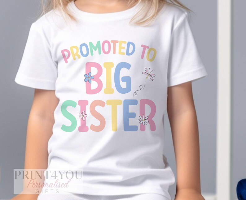 Big Sister T-Shirt - Personalised Pastel Heart Kids Tee - Soft Cotton Fabric, White Top, Pregnancy Announcement Wear image 4