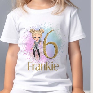 Personalised Girls Birthday T-Shirt - Fashion Doll Design, Gold Glitter Effect Number - 100% Soft Cotton, DTG - Age 1-12yrs