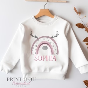 Personalised Christmas Jumper For Children.  White Cotton Sweatshirt - Pink Reindeer Rainbow
