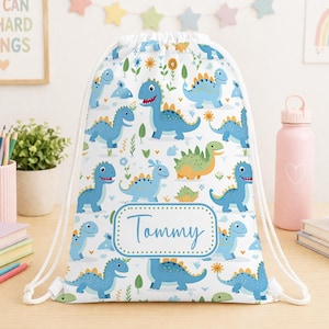 Borsa da ginnastica personalizzata con dinosauri, borsa con coulisse personalizzata con nome, borsa per la palestra scolastica dei bambini, borsa per l'asilo nido dei bambini, borsa da nuoto e danza con dinosauri, ritorno a scuola