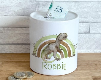 Personalised Ceramic White Money Box Coin Bank - Boy Dinosaur Rainbow