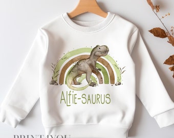 Personalised Sweatshirt Jumper For Children.  White Cotton Sweatshirt - Dinosaur Rainbow and name