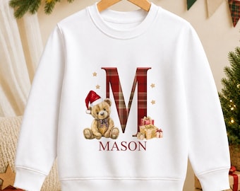 Personalised Tartan Initial Teddy Christmas Jumper for Kids, Name Sweatshirt or T-Shirt, Baby Toddler Christmas Top, Xmas Jumper Day Outfit