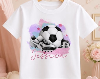 Personalised Football T-Shirt, Kids Cotton Birthday Tee, Pink or Blue Graphics