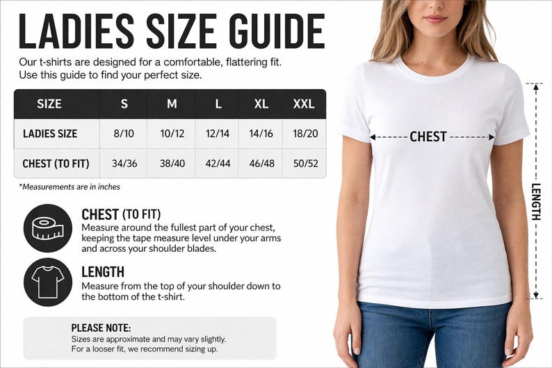 The image is a women's t-shirt size guide, featuring a woman wearing a white t-shirt and providing measurements for different sizes.