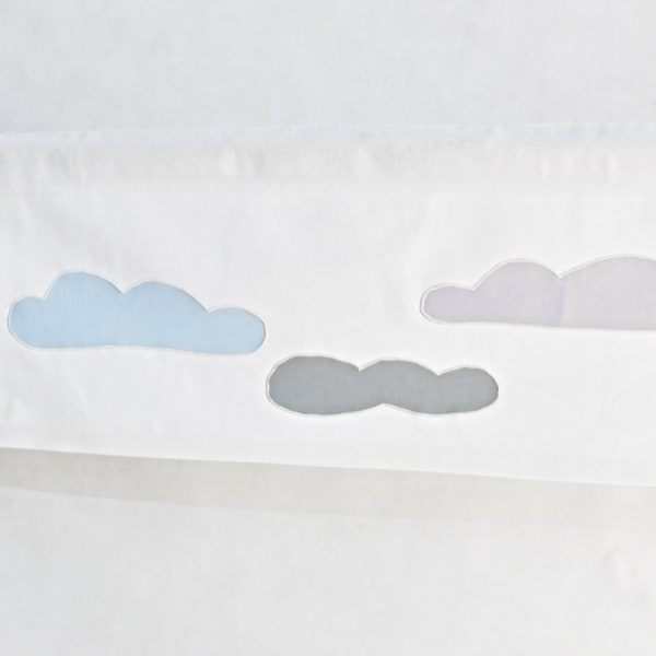 Custom Made Rod Pocket Boy Nursery Valance, White Baby Nursery Cotton Valance with Blue Grey Lavender Clouds, Custom Sizes and Cloud Colors.