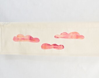 Custom Rod Pocket Gender Neutral Nursery Valance, Cream Organic Cotton Valance with Sunset Orange, Pink, Red Clouds, Custom Cloud Colours.