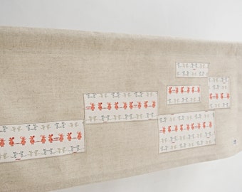 Custom Rod Pocket Fun Kids Valance, Beige Linen Valance with Organic Cotton Grey, Red Squares, Modern Children Window Decor Valance Curtains