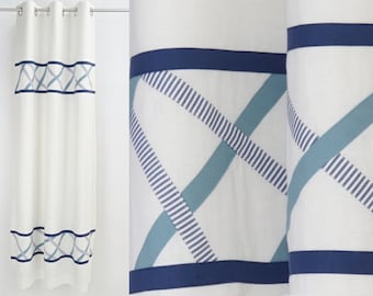 Nautical Beach Hut Style Nursery Boys Linen Curtains, Ocean Theme White Window Drapes with Organic Cotton Stripes. Custom Sizes and Stripes.