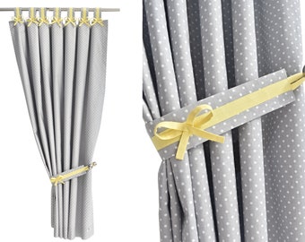 Cute Gray Yellow Blackout Curtains for Baby Nursery, Gender Neutral Bow Drapes for Baby Room, Custom Child Window Treatment with Blackout.