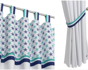 Navy Blue Green Modern Nursery Kid Child Room Blackout Curtains with Starfish, Blue White Baby Boy Drapes, Beach Hut Ocean Nautical Theme.