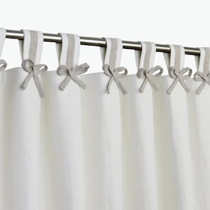 Gender Neutral White Beige Nursery Blackout Panels, Cute Bow Theme Baby Drapes, White Linen Blackout Curtains, Feminine Modern Curtains.