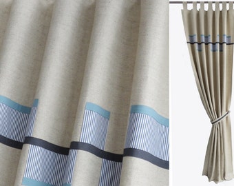 Marine Theme Baby Boy Boys Teen Modern Tab Top Linen Panel with Organic Cotton Blocks in Navy Pin Stripes, Blue and Dark Gray. Customisable.