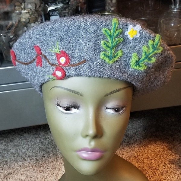 Vintage Wool Beret w/ Embroidered & Needle Felted Flowers