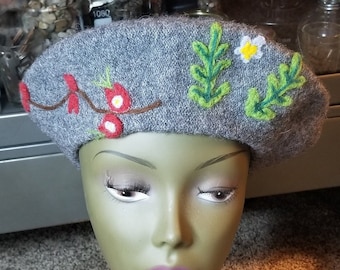 Vintage Wool Beret W/ Embroidered & Needle Felted Flowers - Etsy display picture 2