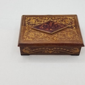 Vintage Griffin Marquetry Inlay Wood Secret Lock Box