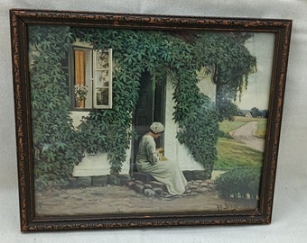 Vintage 1913 Alfred Broges Woman Sewing Lithograph