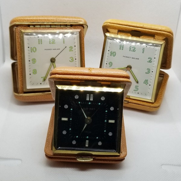 Vintage Collapsible Leather Cased Travel Clocks (your choice)