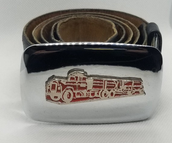 Vintage Red Firetruck Belt Buckle w/ Original Lea… - image 1