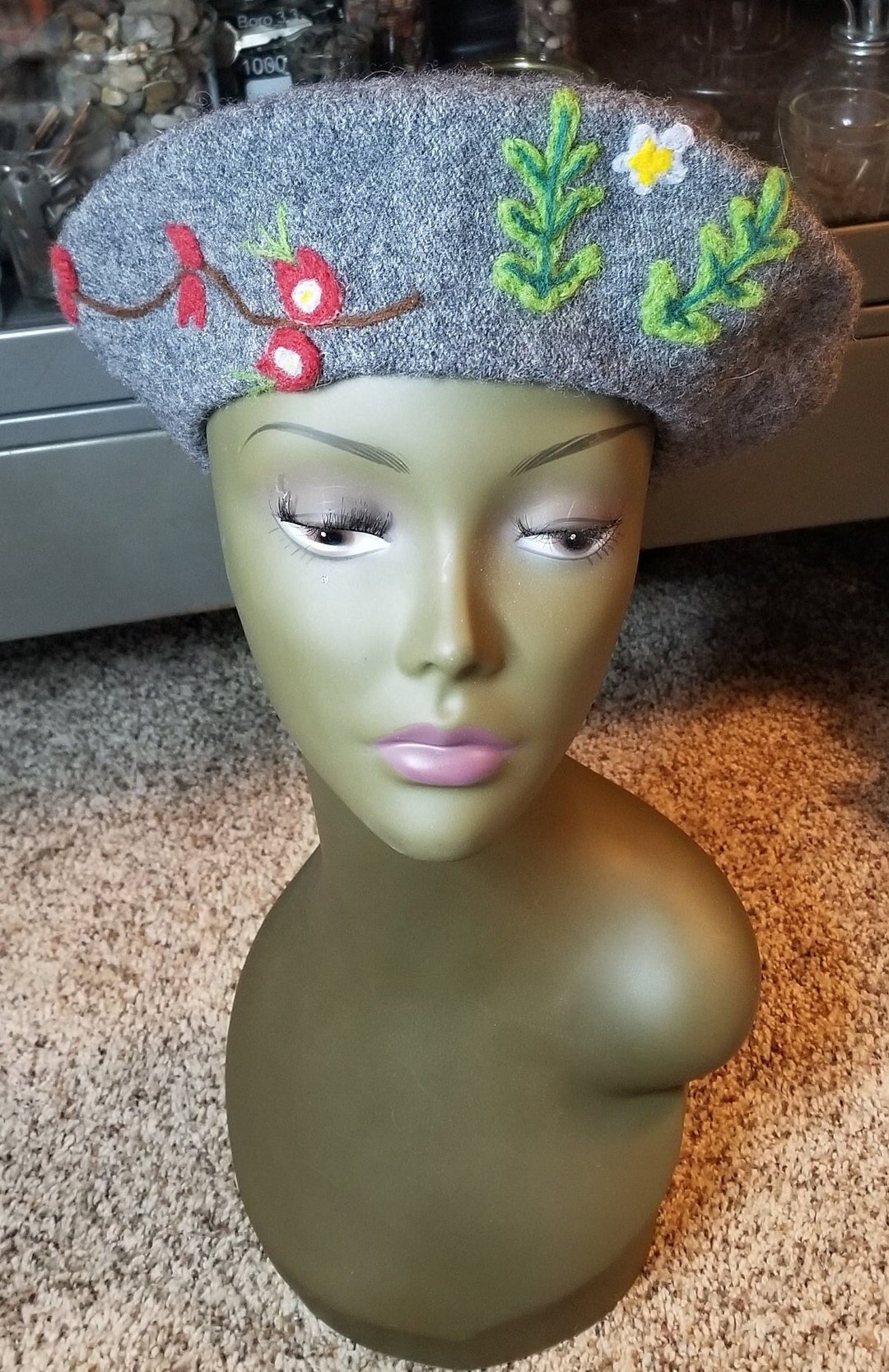 Vintage Wool Beret W/ Embroidered & Needle Felted Flowers - Etsy display picture 2