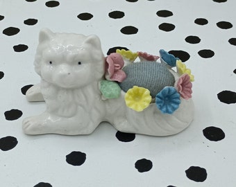 Vintage Ceramic Persian Cat w/ Flowers Pin Cushion