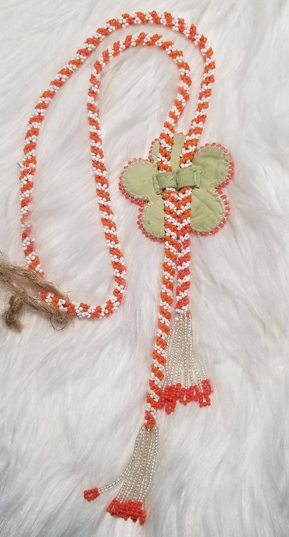 Vintage 1960s Orange & White Seed Bead Flower Nec… - image 4