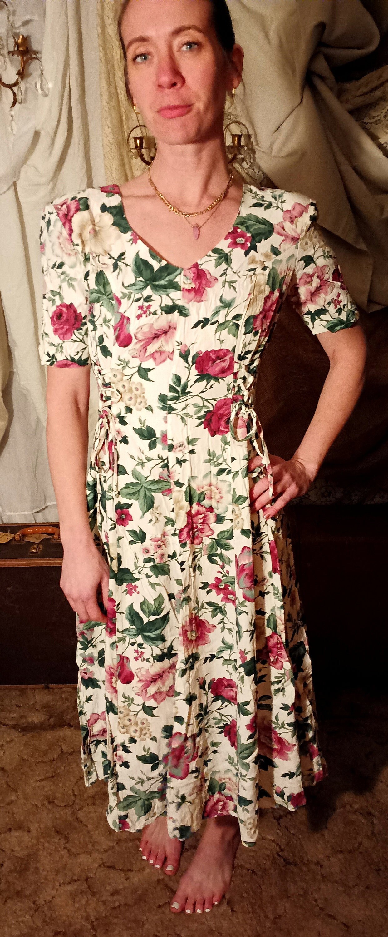 paris sport club dress Vintage Paris Sport Club Laced Waist Floral Dress Sz 7/8