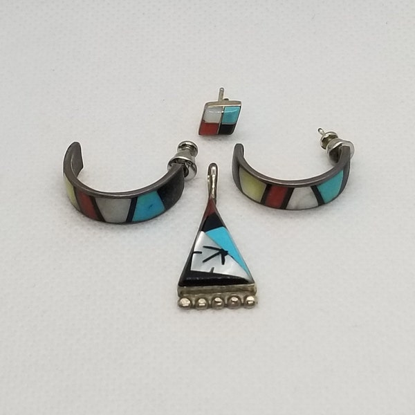 Vintage Zuni Sterling Silver and Multiple Stone Inlay Earrings & Necklace Pendant Set (4 pieces)