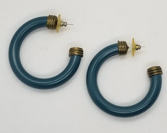 Vintage '80s Green Metal Hoop Earrings w/ Brass Accents