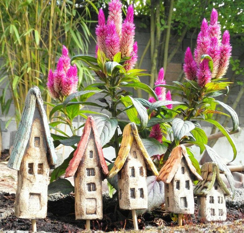 5 Keramik Häuser bunt/beige Blumentopf Blumenbeet Etsy.de