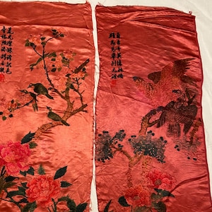 Antique Chinese Tapestry Vintage Chinese Textile Birds & floral Wall Hanging Pair Antique Qing Dynasty Hand Embroidered Dyed Silk Panel39X14