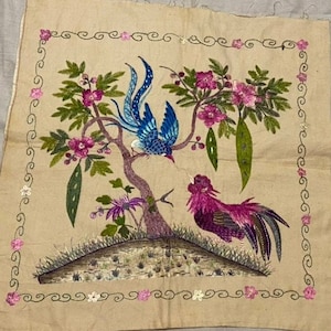 18x18 inches Antique Chinese Tapestry, Antique Chinese Textile Wall Hanging, vintage Chinese Qing Dynasty Hand Embroidered Silk Satin Panel