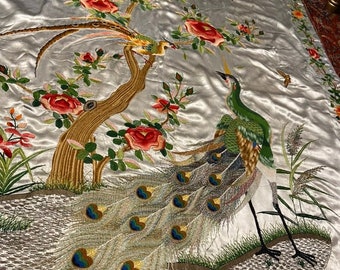 Antique Chinese Tapestry Vintage Chinese Textile Wall Hanging  Rare Qing Dynasty Hand Embroidered Silk Panel 79 X 53