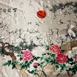 Antique Chinese Cranes Birds Tapestry Vintage Chinese Textile Wall Hanging Antique Chinese Qing Dynasty Hand Embroidery Silk Panel 77X36inch