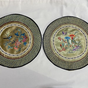 Vintage Chinese Tapestry Antique Chinese Birds Textile  Round Wall Hanging Pair Chinese Qing Dynasty Hand Embroidered Silk Panel 11X11inches