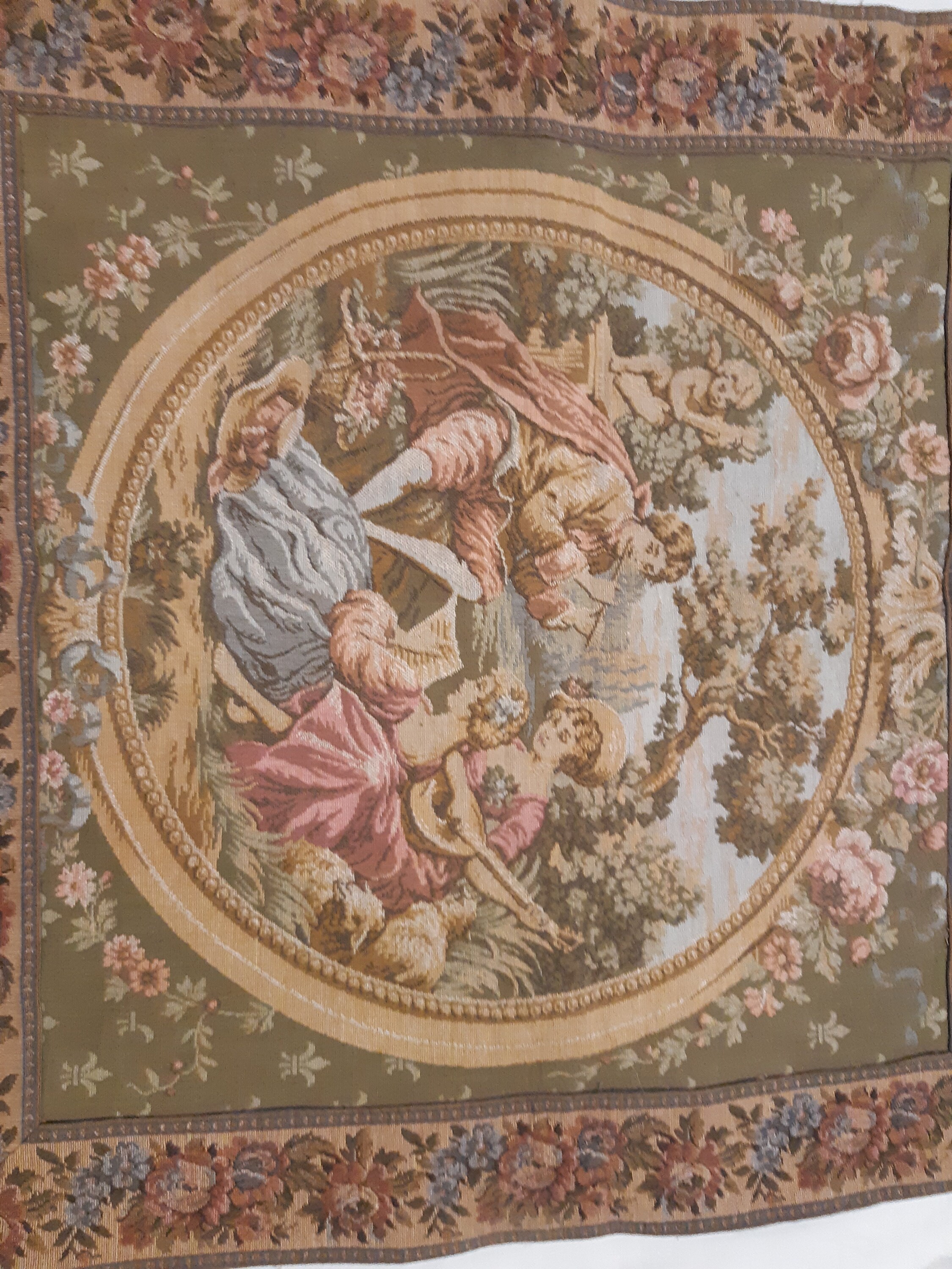 24X23インチ ヴィンテージ フレンチタペストリー、アンティーク壁掛け