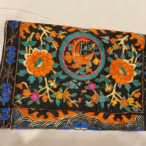 Antique Chinese Tapestry Vintage Chinese Textile Pouch Antique Chinese Qing Dynasty Hand Embroidery Rank badge Silk Brocade Panel Purse11X14