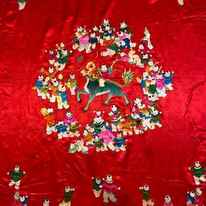 Vintage Chinese Silk Embroidery  Dragon Wall Hanging Panel Antique Wedding Sheet  Vintage Chinese Figural Wedding Sheet Silk Wall Art