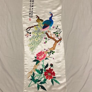 Antique Chinese Tapestry Antique Chinese Textile Birds & floral Wall Hanging Antique Chinese Qing Dynasty Hand Embroidered Silk Panel41X15in