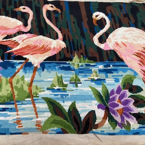 47X22inches Vintage Tapestry Vintage French Needle Point Tapestry Aubusson Style Handmade Tapestry Antique Cross Stitch Flamingo Wallhanging